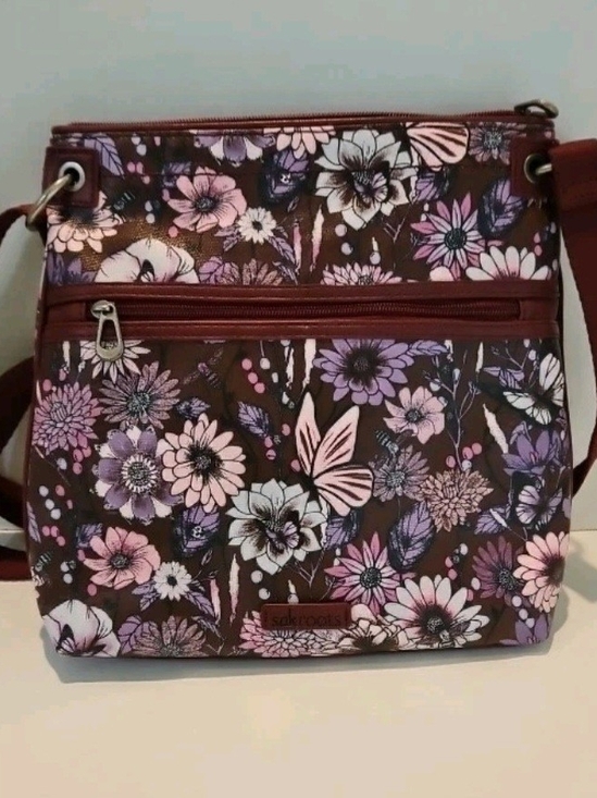 Sakroots Handbags - Sakroots Brown Crossbody Bag with Pink & Purple Floral Print
